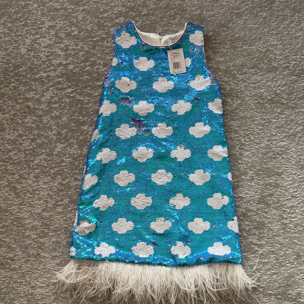 Blue Sequin cloud Dress with White Feathers